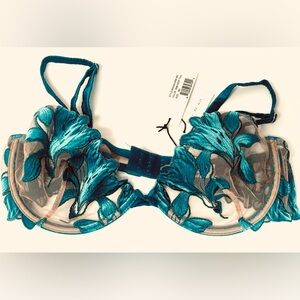 Fleur du Mal Deep Teal Embroidered Underwire Bra 36C